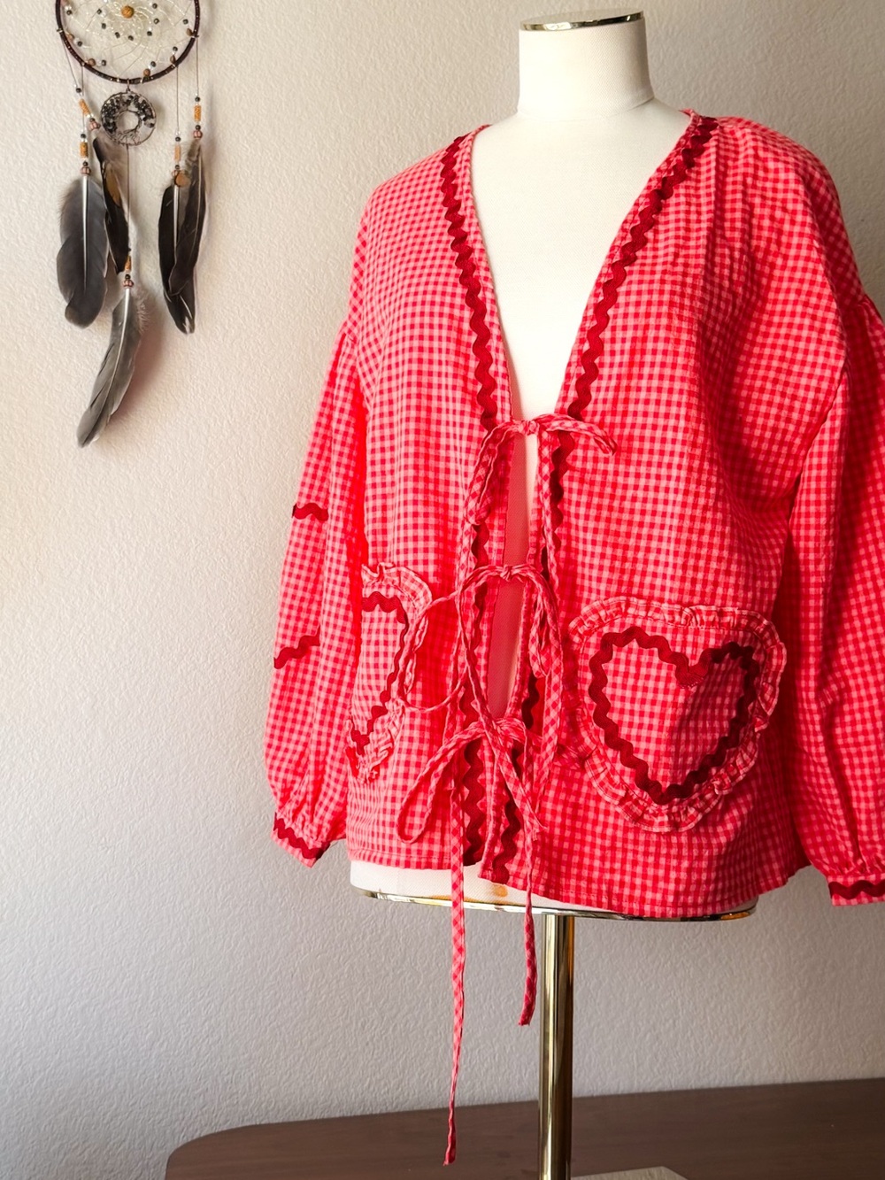 Red Pink Gingham Tie Front Blouse Heart Pocket Cottagecore Top Medium